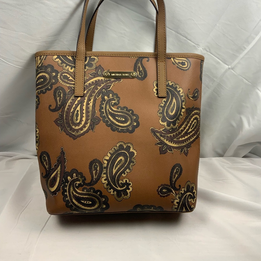 Michael Kori’s Emry Tote: Luggage Brown Paisley Vegan  Leather MK Designer Bag